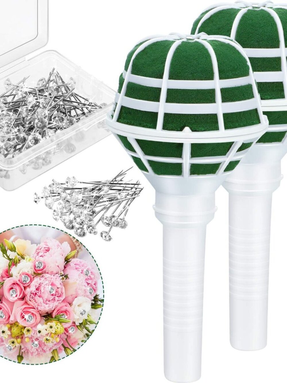 2 Pcs Bridal Bouquet Holder with 50 Pins, Foam Handle